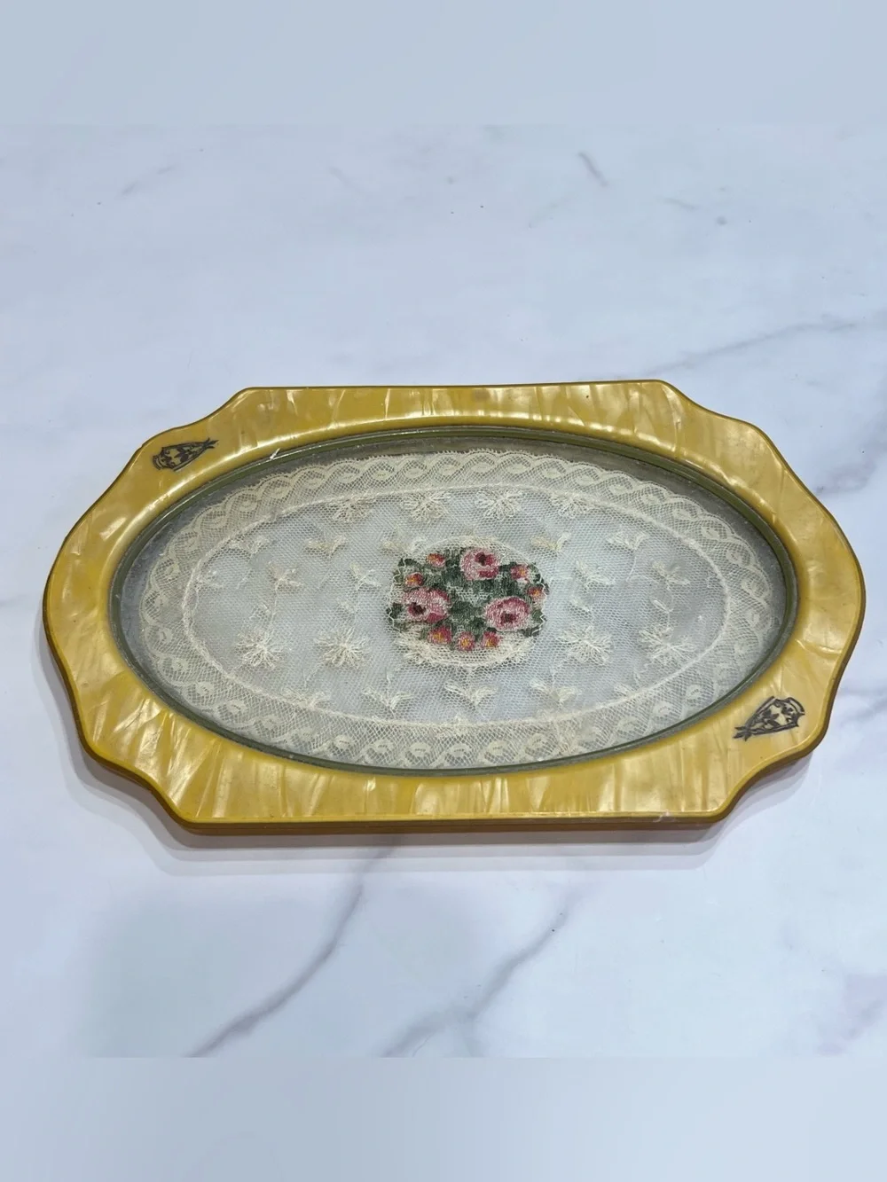 Vintage 1920s Art Deco Celluloid Vanity Dresser Tray Petit-Point Floral Motif